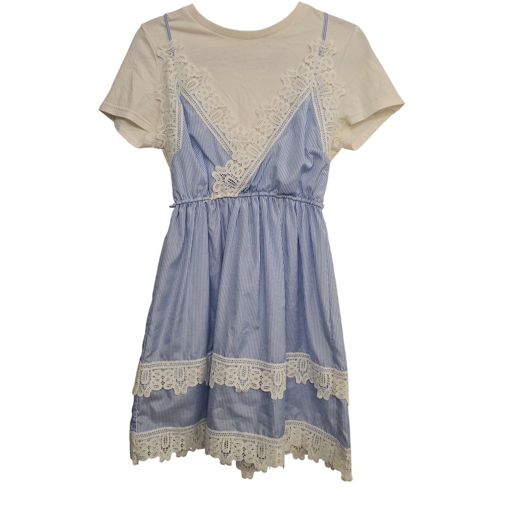 HD in Paris Anthropologie Dress XXS Blue Stripe Lace Cottagecore Coquette